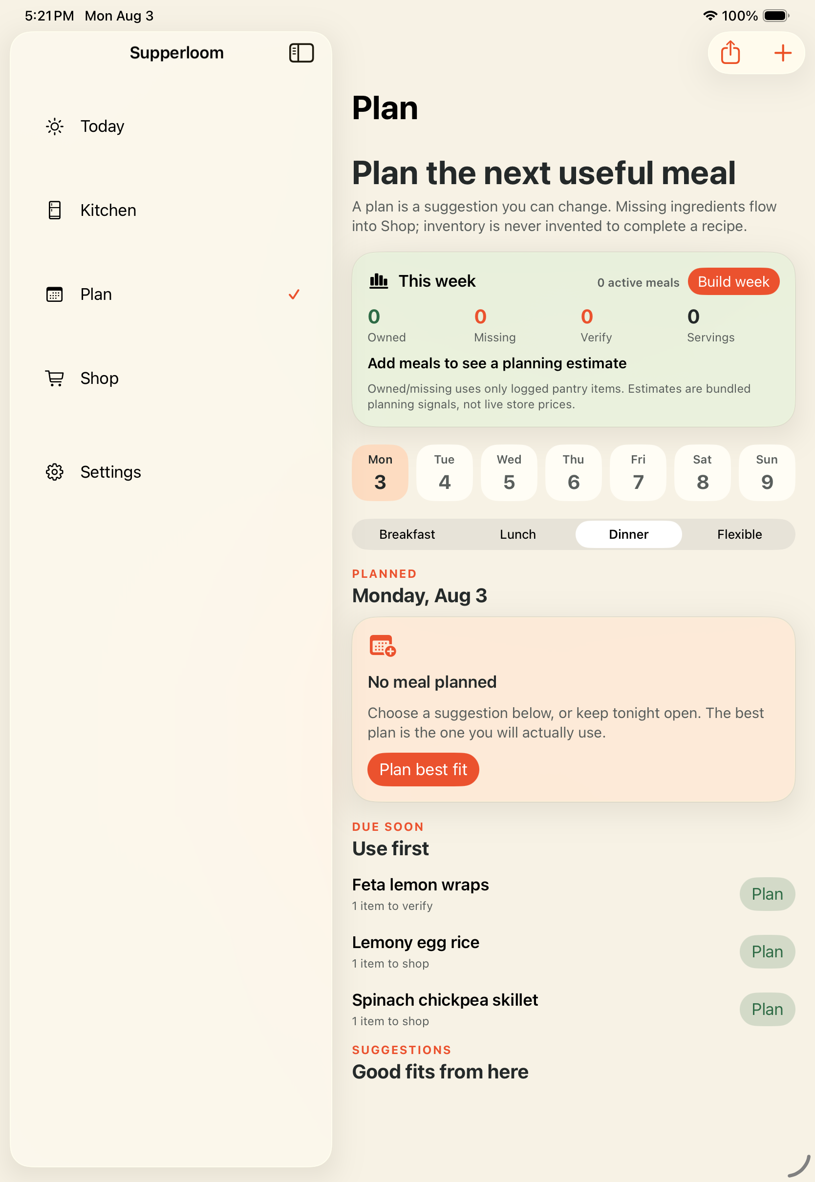 Panno iPad Plan screen with a weekly meal plan